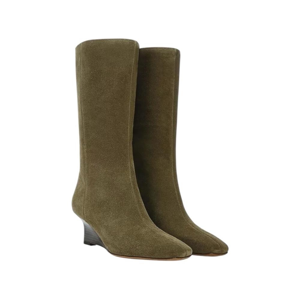 Vince Beverly Suede Square Toe Boots Olive Green Designer Quiet Luxury 9